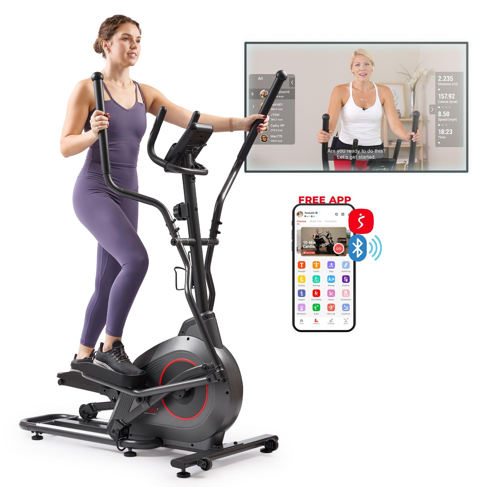 71wOVwXgHWL Sunny Health & Fitness Upright Magnetic Elliptical Machine – 16 Resistance Levels, SunnyFit App, Pulse Sensor - Image 1